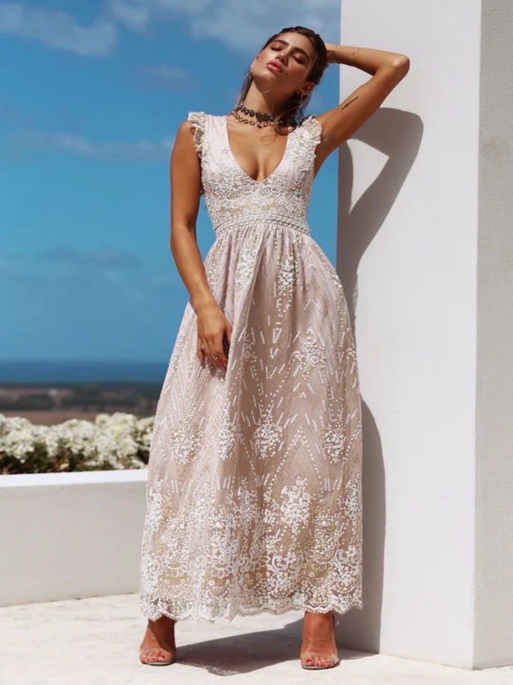 Hello Molly Blush Champagne Lace Up Maxi Gown - Picture 4 of 14